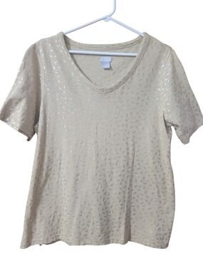 Chico's Beige V-Neck Short Sleeve Tee with Silver Metallic Print